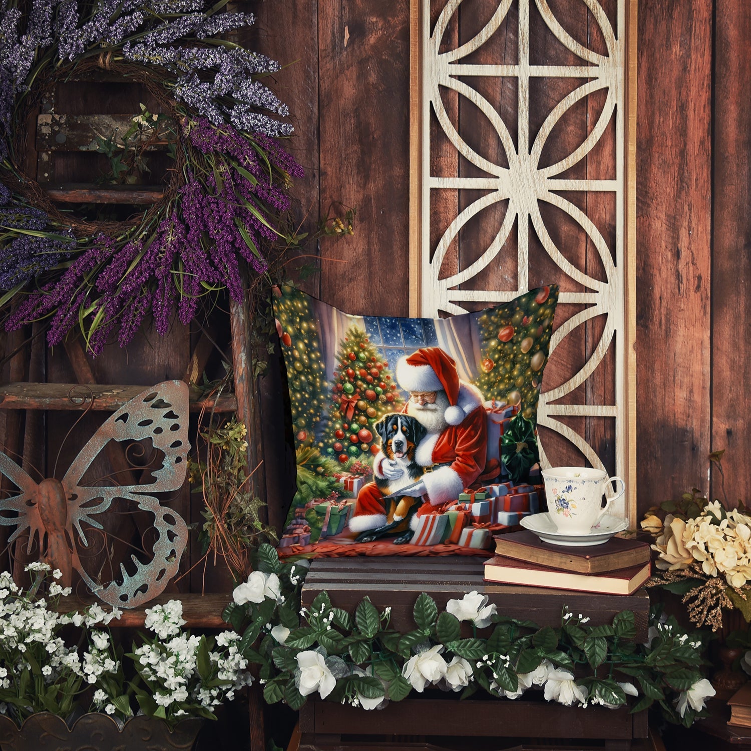 Whimsical holiday setup with a Santa and dog pillow, vintage decorations, and floral accents against a rustic wooden backdrop.
