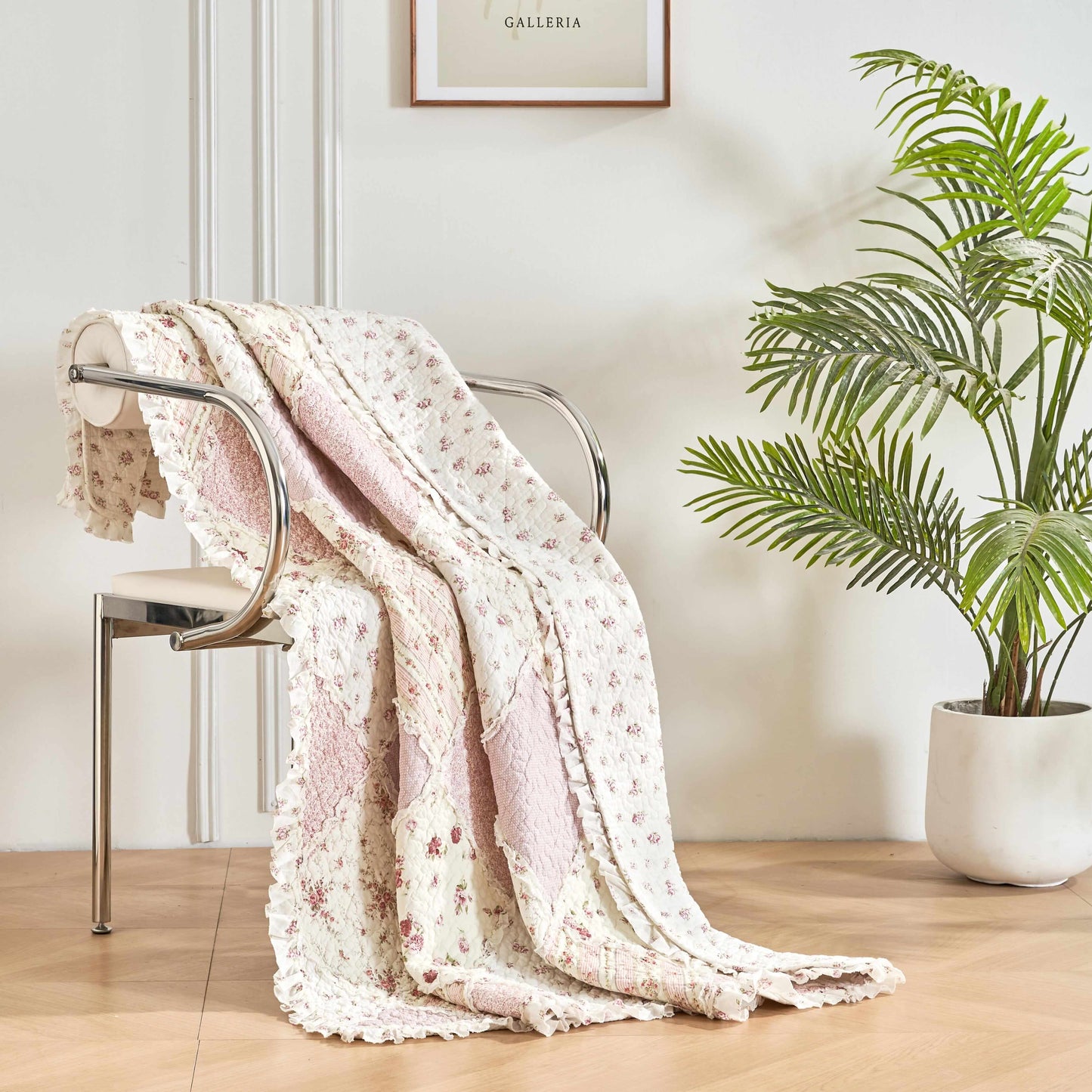 Cotton Patchwork Throw Blanket - Floral Cottage Quilted Reversible Blush Pink & Cream