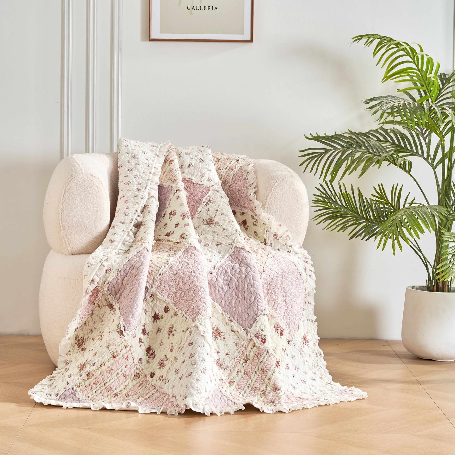 Cotton Patchwork Throw Blanket - Floral Cottage Quilted Reversible Blush Pink & Cream