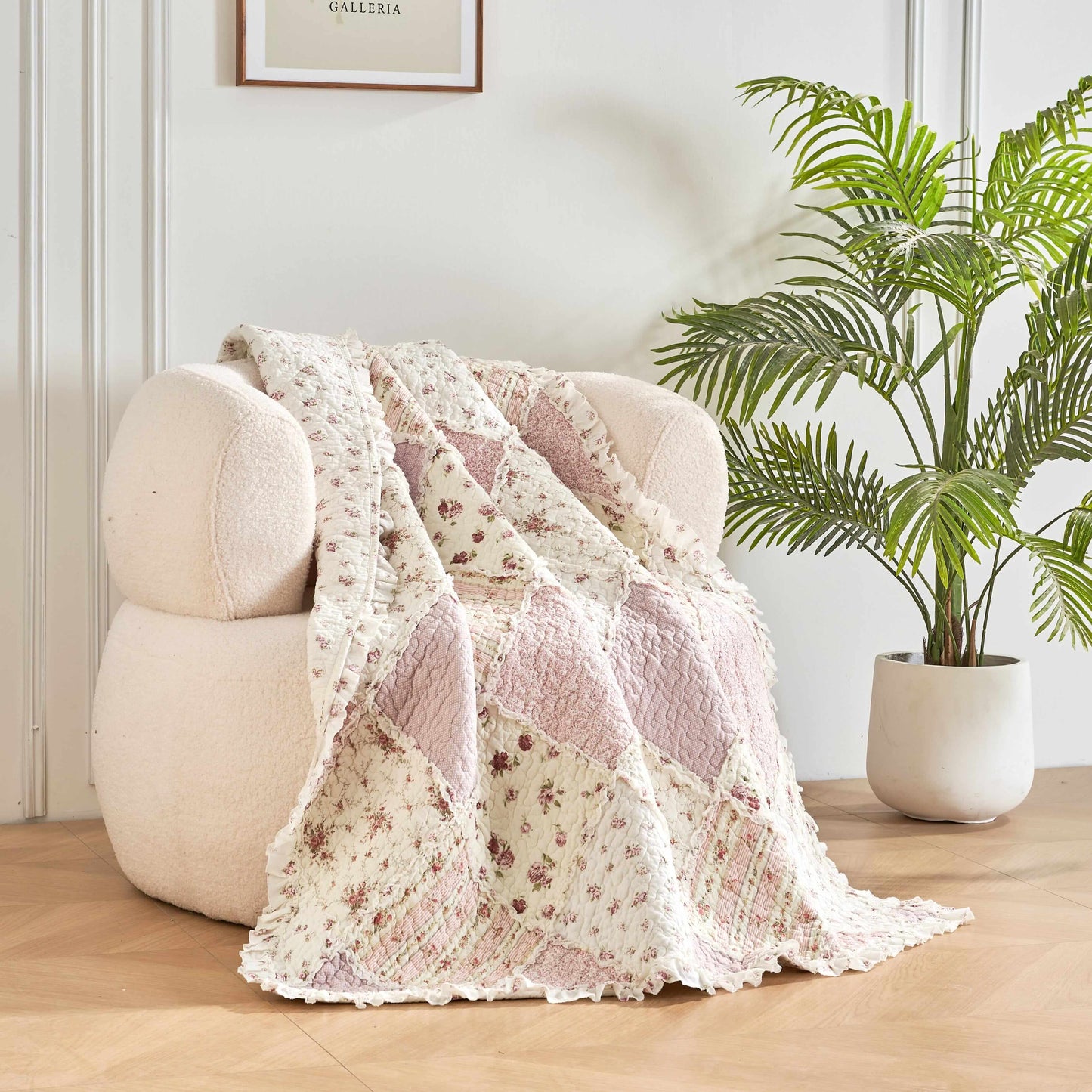 Cotton Patchwork Throw Blanket - Floral Cottage Quilted Reversible Blush Pink & Cream