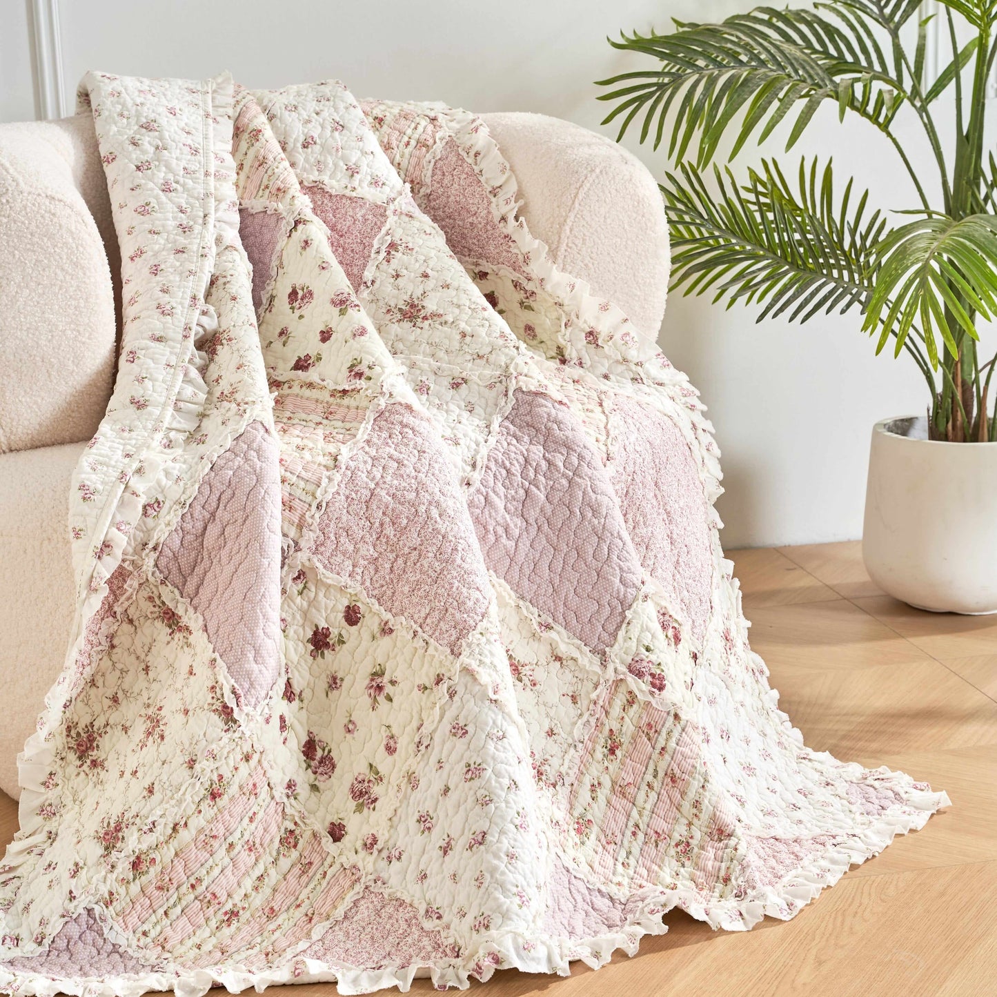 Cotton Patchwork Throw Blanket - Floral Cottage Quilted Reversible Blush Pink & Cream