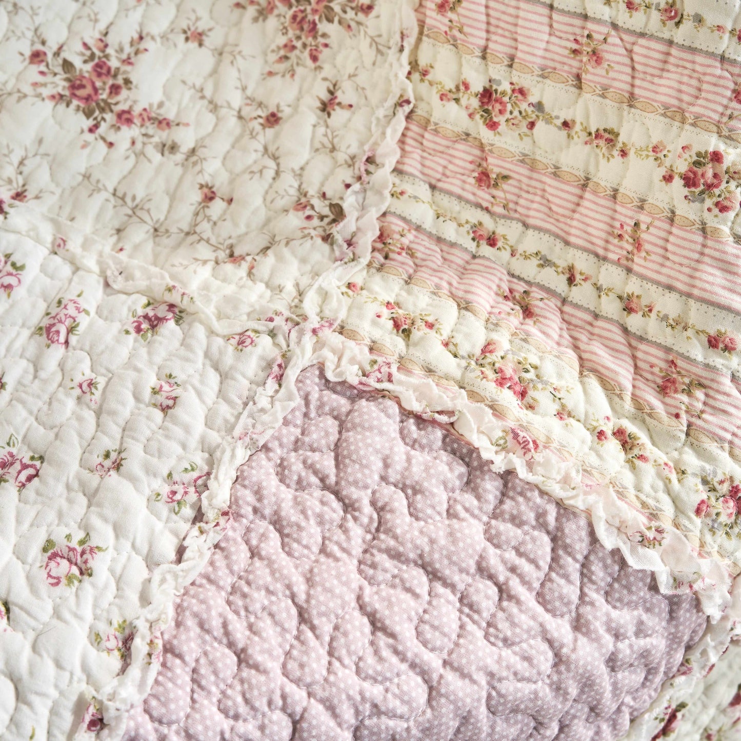 Cotton Patchwork Throw Blanket - Floral Cottage Quilted Reversible Blush Pink & Cream