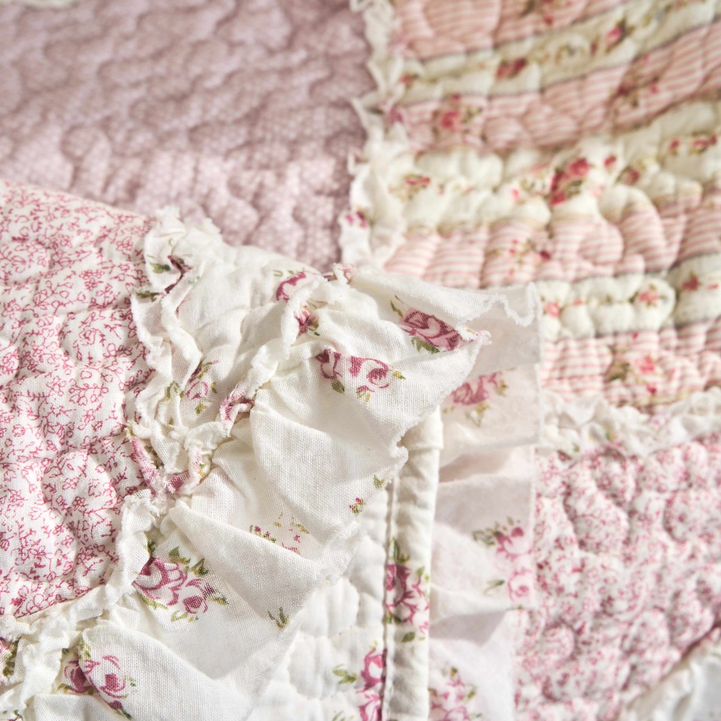 Cotton Patchwork Throw Blanket - Floral Cottage Quilted Reversible Blush Pink & Cream