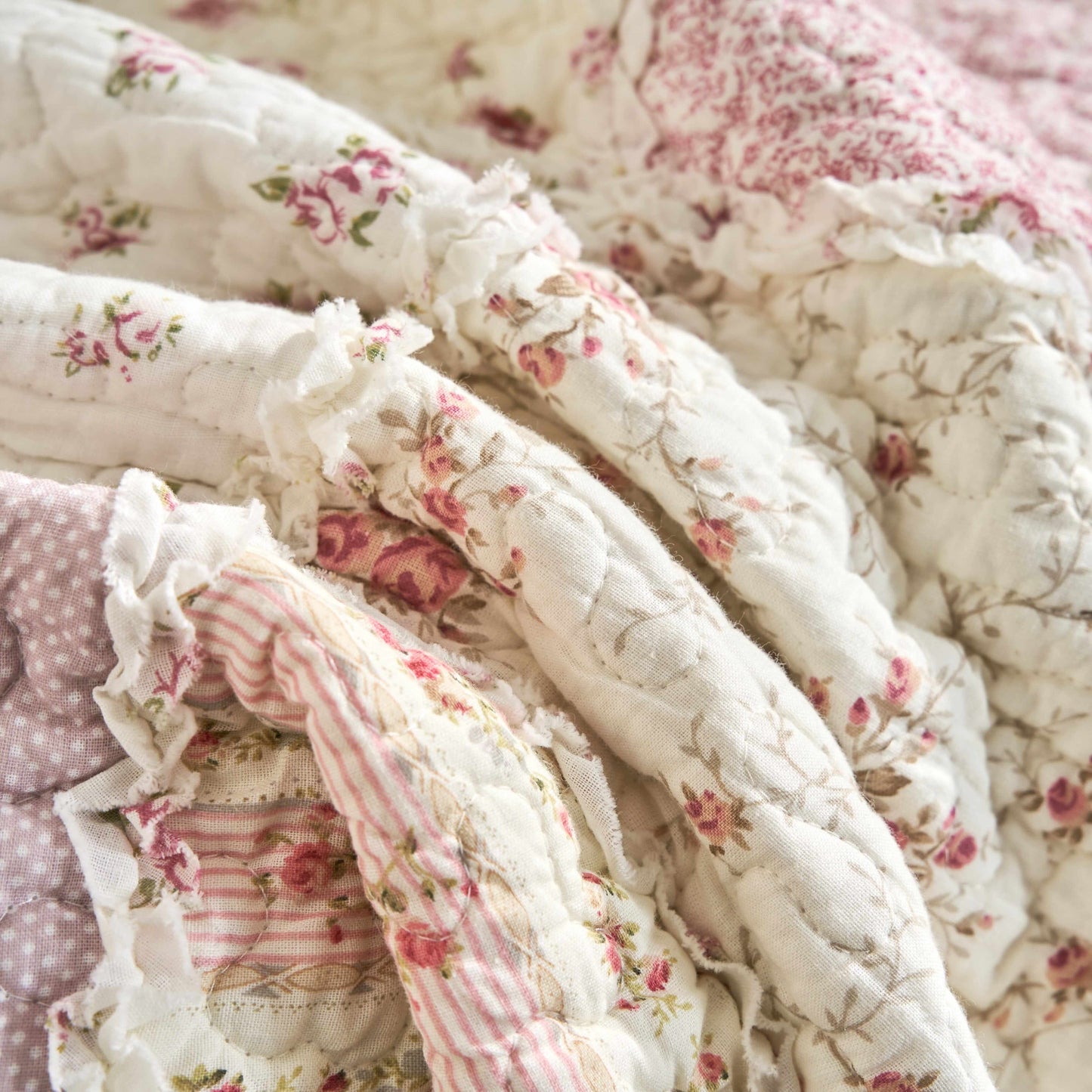 Cotton Patchwork Throw Blanket - Floral Cottage Quilted Reversible Blush Pink & Cream