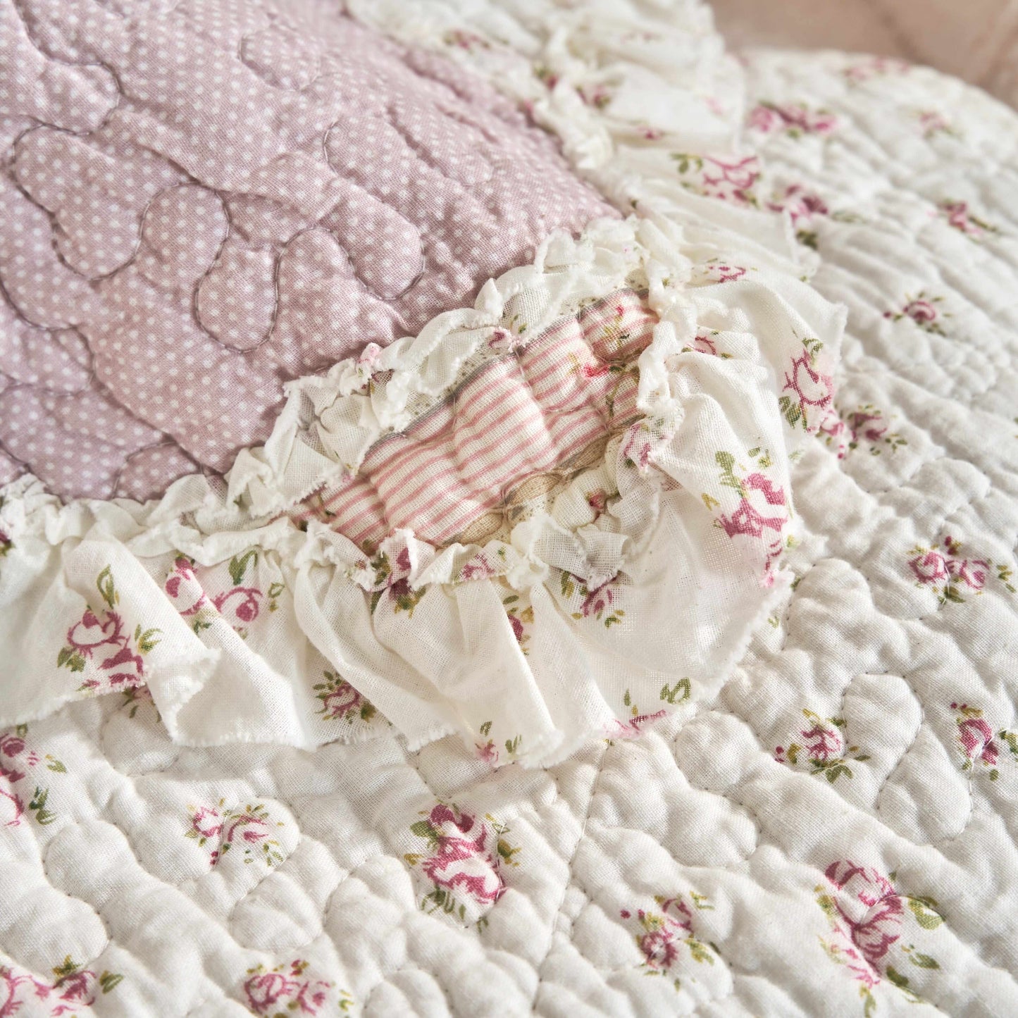 Cotton Patchwork Throw Blanket - Floral Cottage Quilted Reversible Blush Pink & Cream