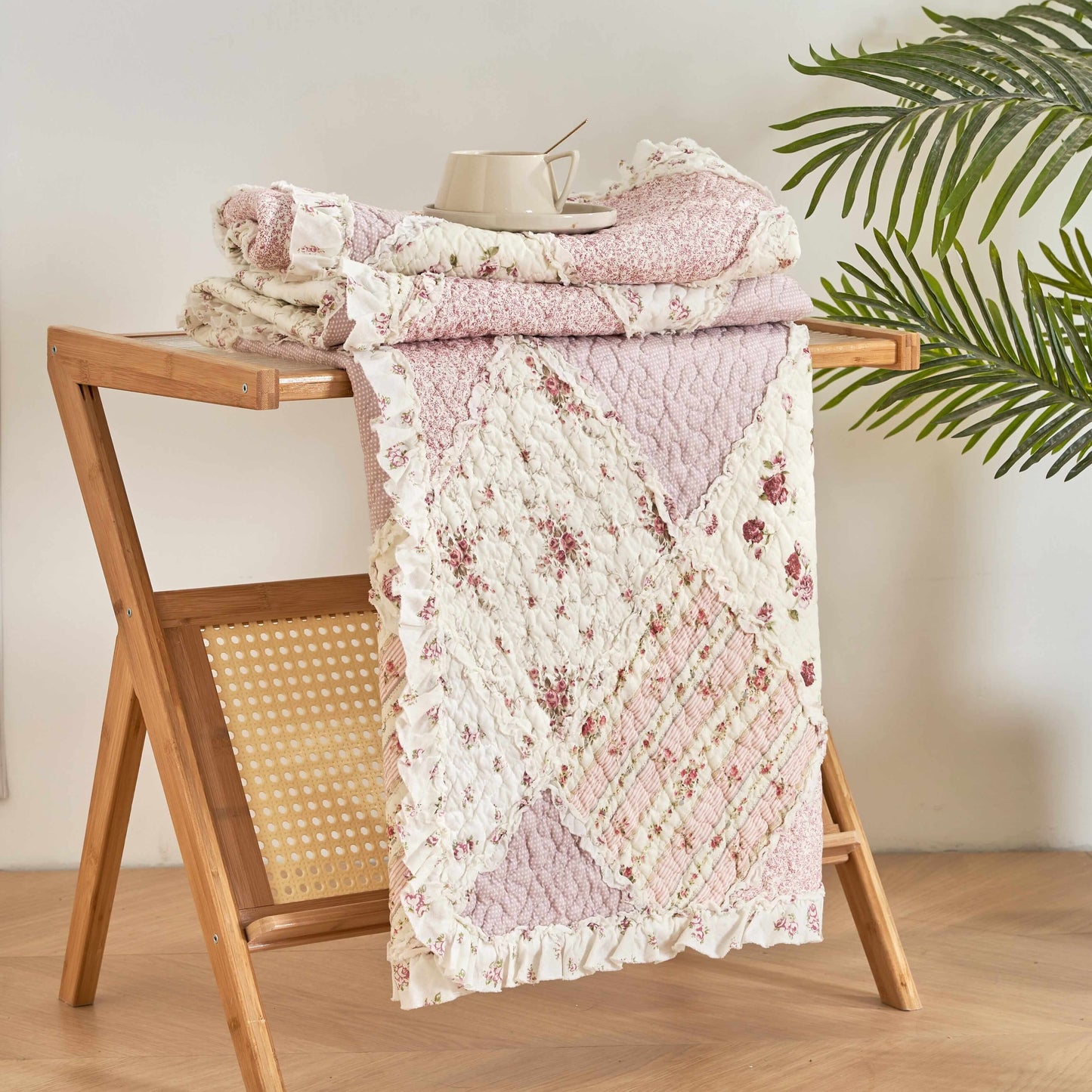 Cotton Patchwork Throw Blanket - Floral Cottage Quilted Reversible Blush Pink & Cream