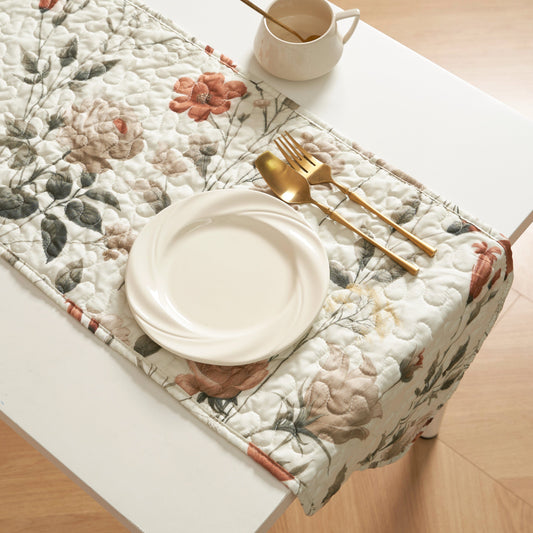 Enchanted Meadow Reversible Dinner Table Runner - Floral Elegance in Beige Rose Olive Green