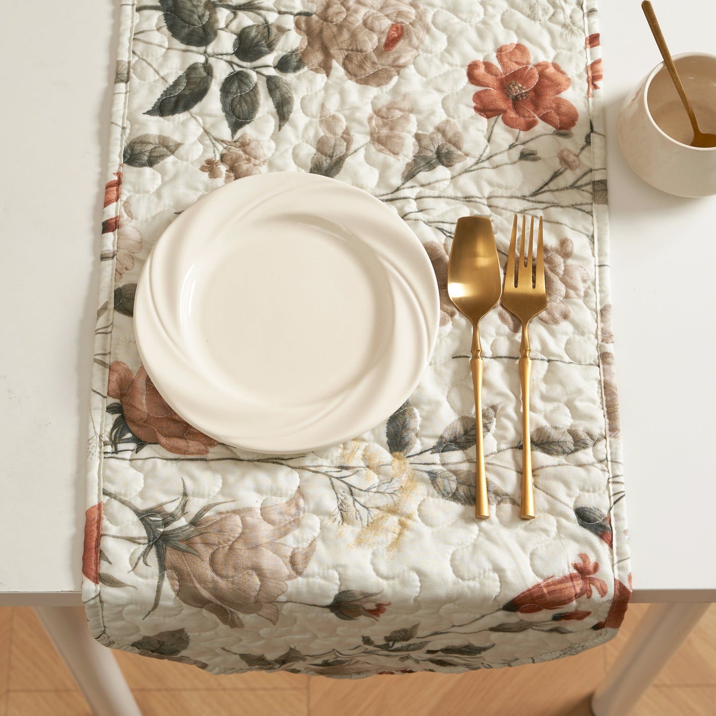 Enchanted Meadow Reversible Dinner Table Runner - Floral Elegance in Beige Rose Olive Green