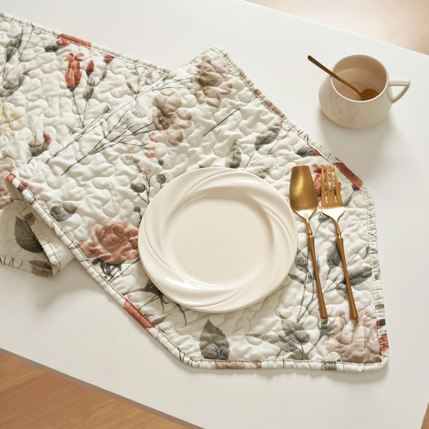 Enchanted Meadow Reversible Dinner Table Runner - Floral Elegance in Beige Rose Olive Green