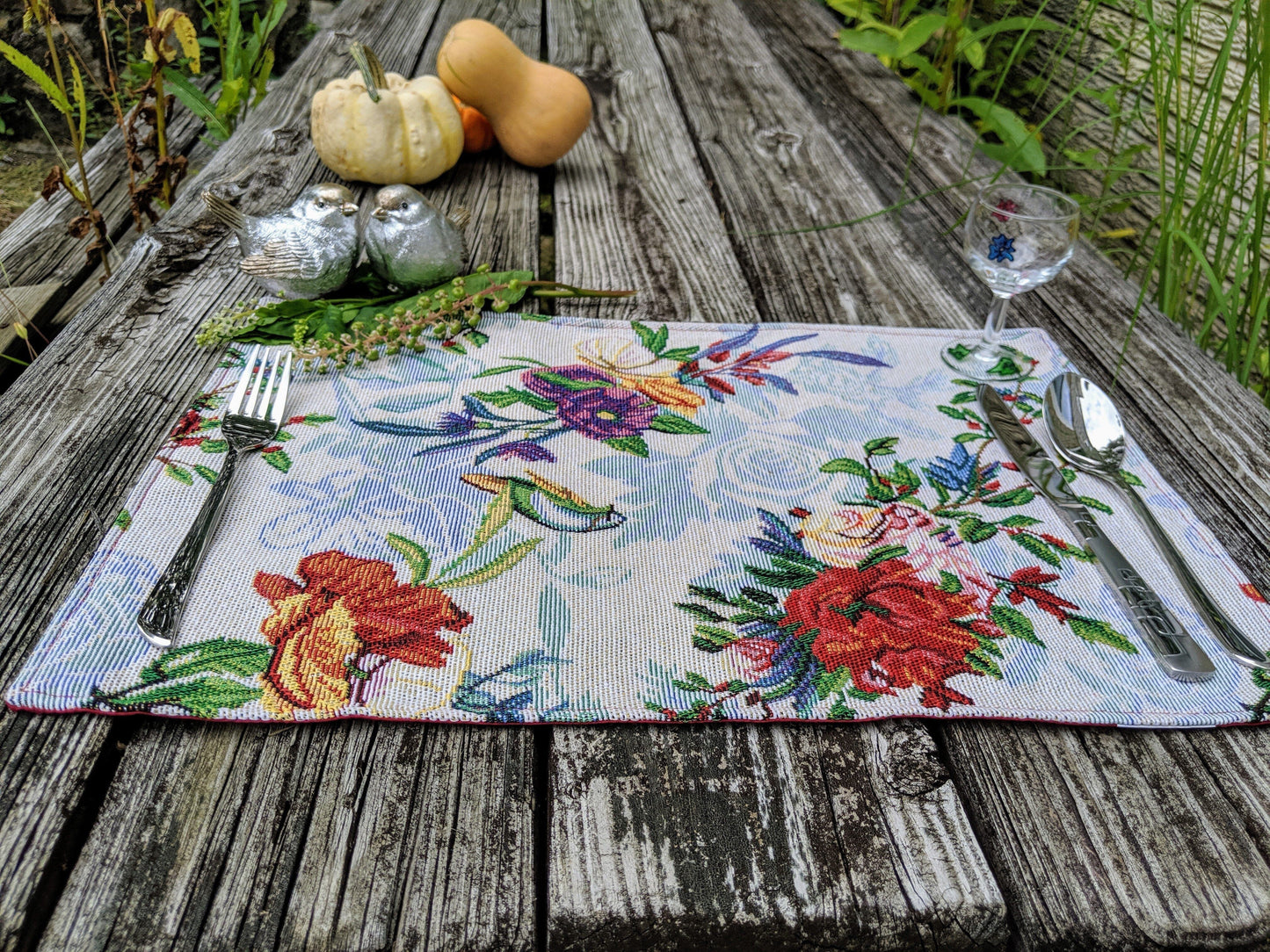 Tropical Sky Blue Birds Floral Tapestry Dining Table Placemats Set of 4