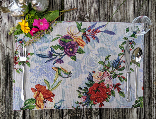 Tropical Sky Blue Birds Floral Tapestry Dining Table Placemats Set of 4