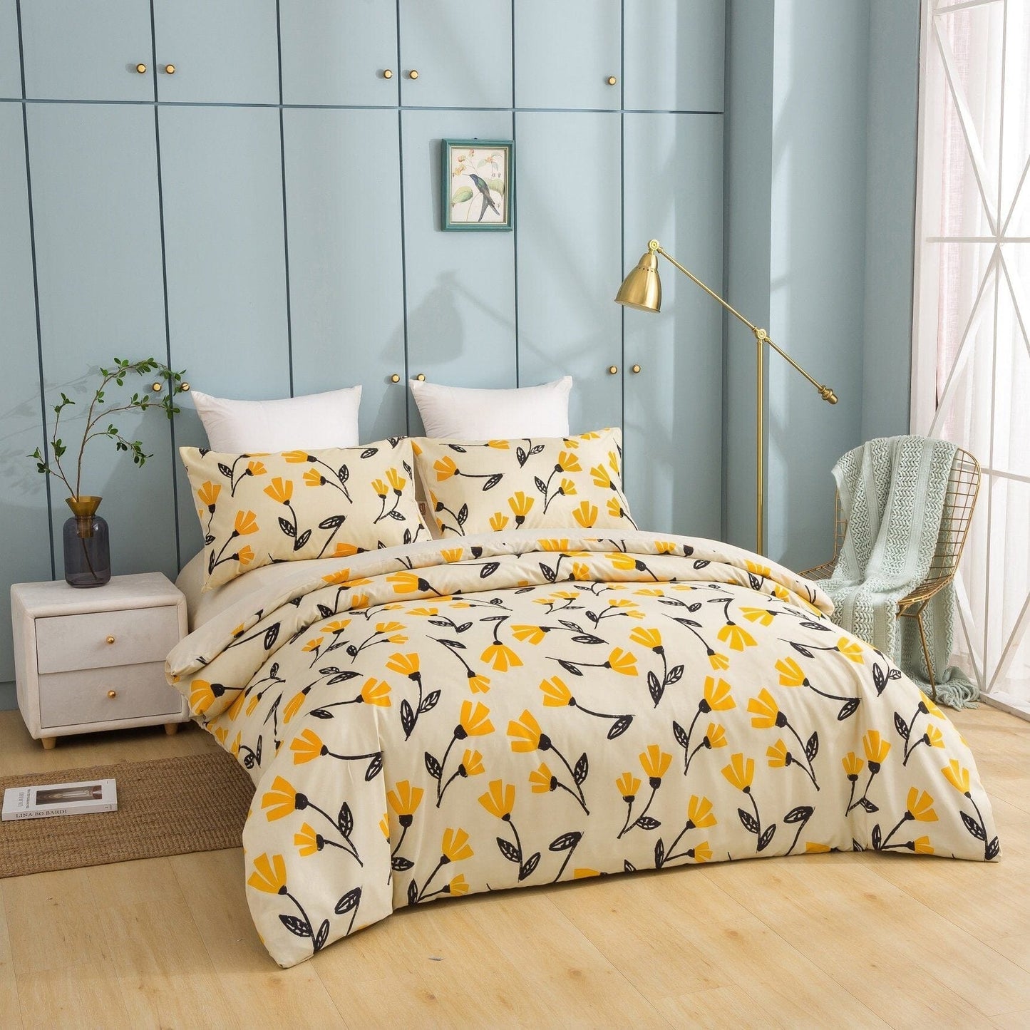Yellow Fleur Floral Golden Orange Ivory Duvet Cover Set w/ Pillow Cases