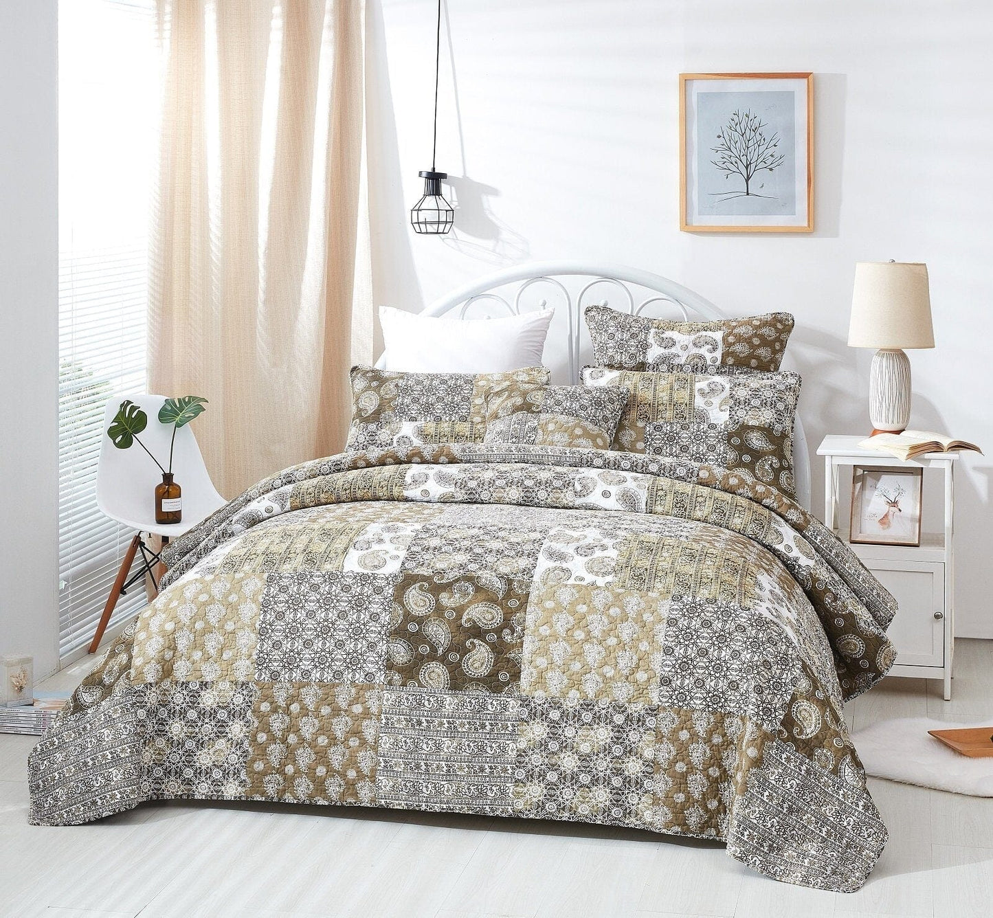 Bed in a Bag Bundle Set - Bohemian Paisley Dreams Floral Olive Brown Patchwork Bedspread Set (JHW885)