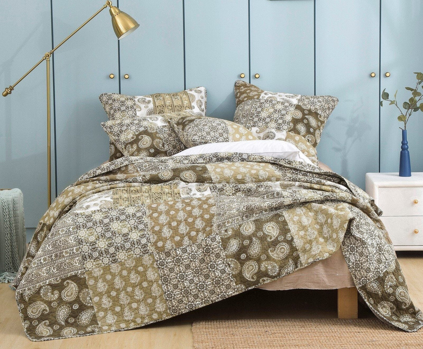 Bed in a Bag Bundle Set - Bohemian Paisley Dreams Floral Olive Brown Patchwork Bedspread Set (JHW885)