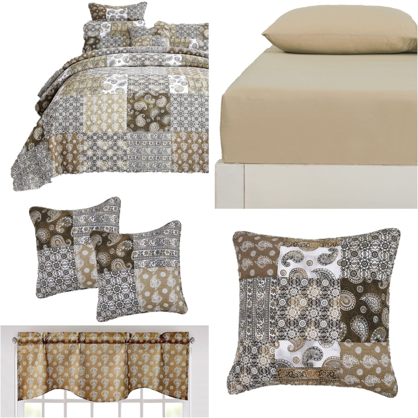 Bed in a Bag Bundle Set - Bohemian Paisley Dreams Floral Olive Brown Patchwork Bedspread Set (JHW885)