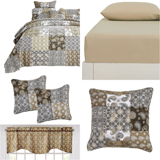 Bed in a Bag Bundle Set - Bohemian Paisley Dreams Floral Olive Brown Patchwork Bedspread Set (JHW885)