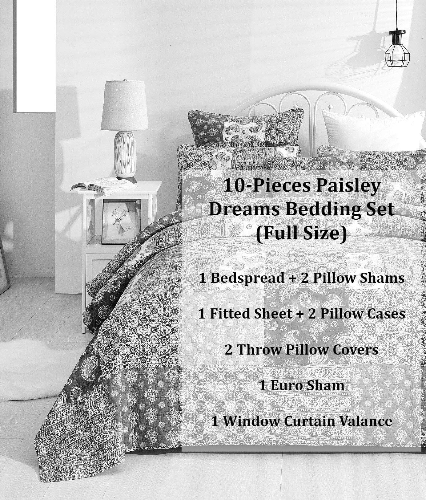 Bed in a Bag Bundle Set - Bohemian Paisley Dreams Floral Olive Brown Patchwork Bedspread Set (JHW885)