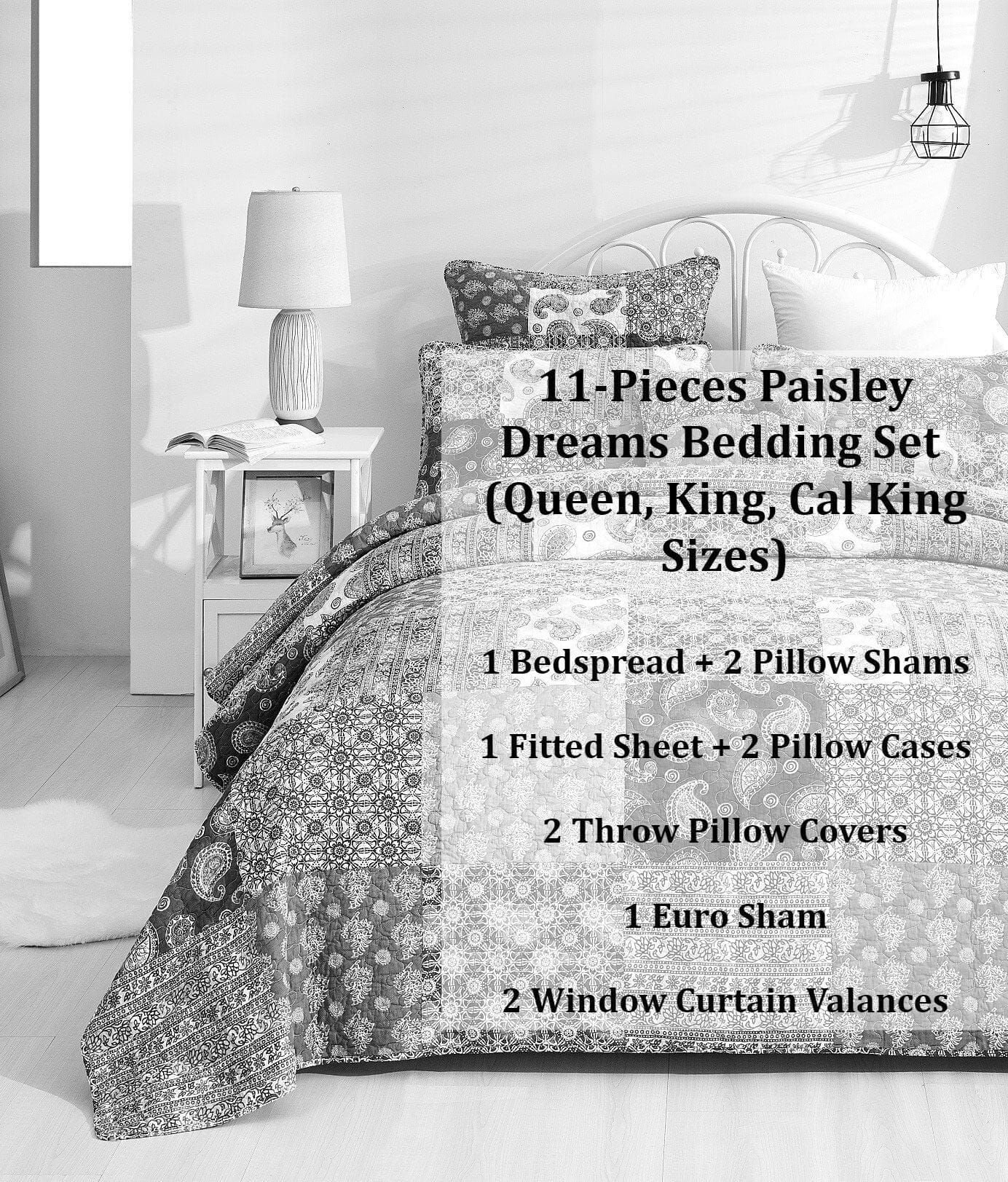 Bed in a Bag Bundle Set - Bohemian Paisley Dreams Floral Olive Brown Patchwork Bedspread Set (JHW885)