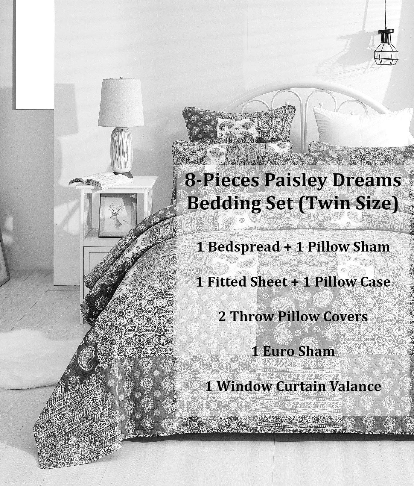 Bed in a Bag Bundle Set - Bohemian Paisley Dreams Floral Olive Brown Patchwork Bedspread Set (JHW885)