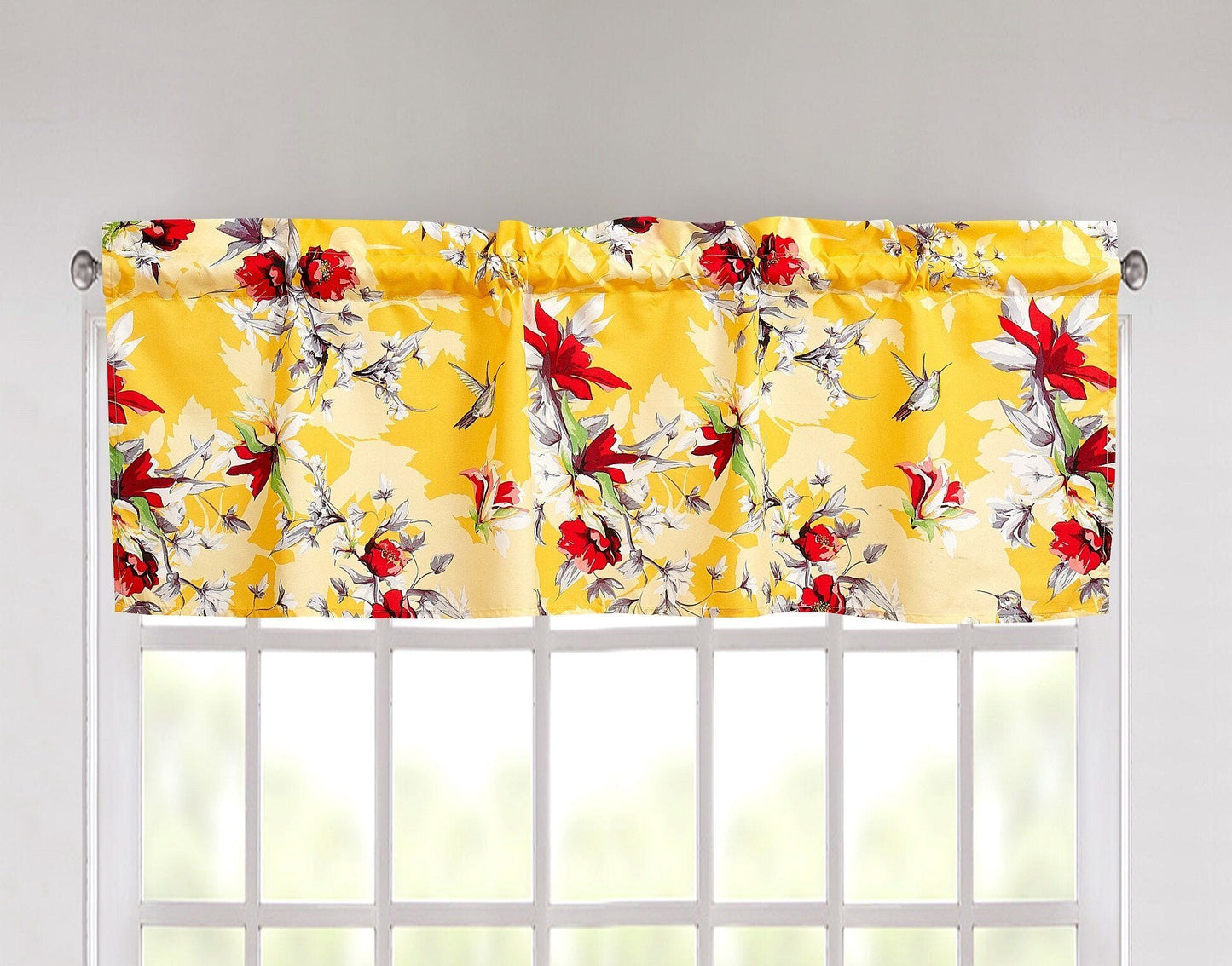Floral Sunshine Yellow Hummingbirds Window Curtain Valance
