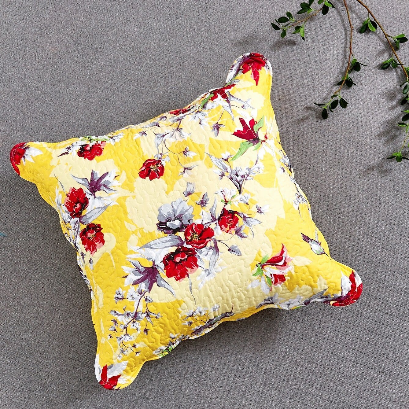 Sunshine Yellow Hummingbirds Floral Scalloped Euro Pillow Sham Cover