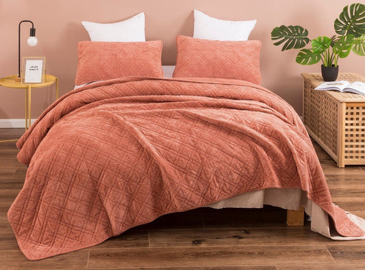 Terracotta Coral Brick Orange Soft Velour Corduroy Bedspread Set (JHW952)