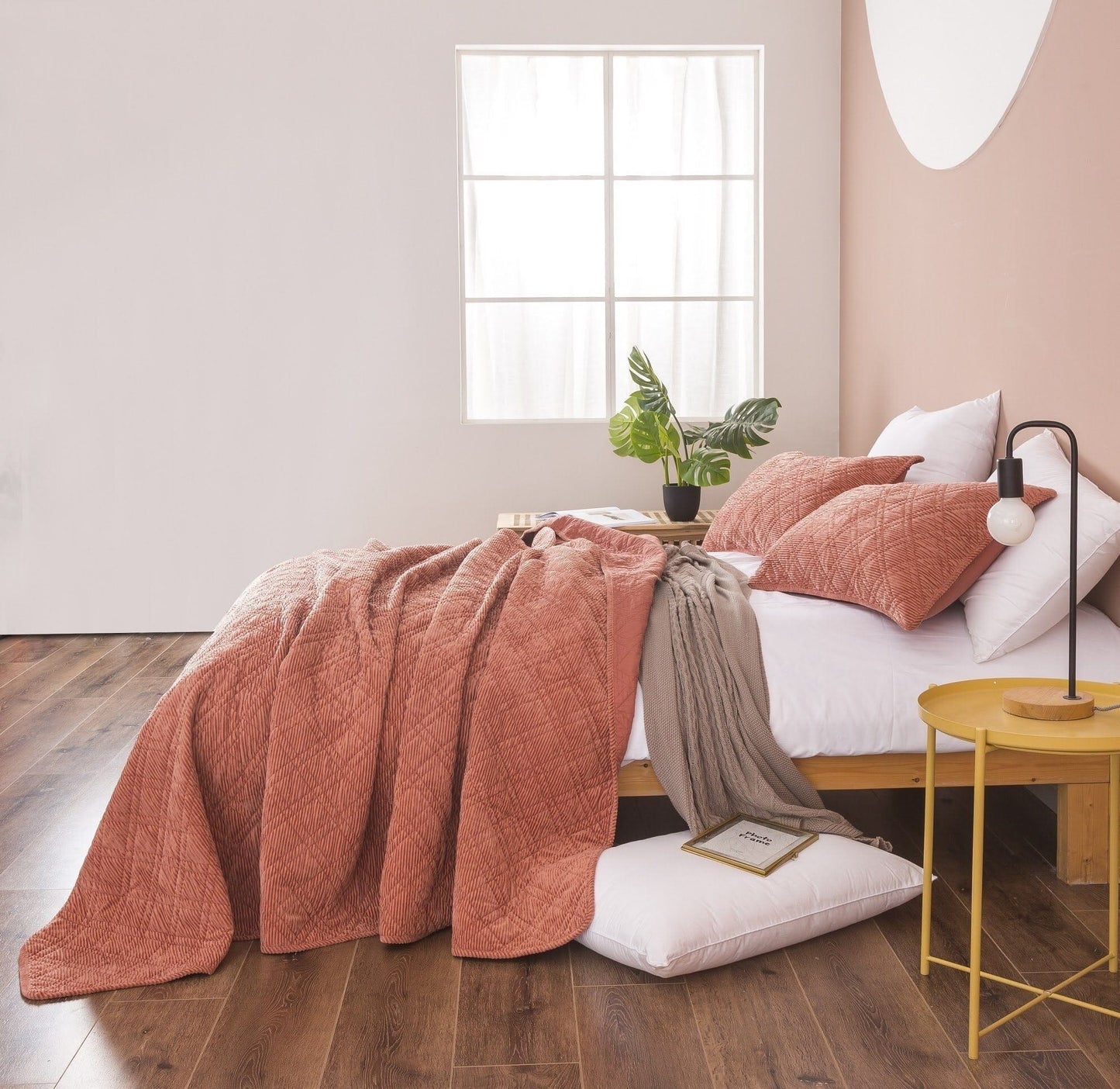 Terracotta Coral Brick Orange Soft Velour Corduroy Bedspread Set (JHW952)