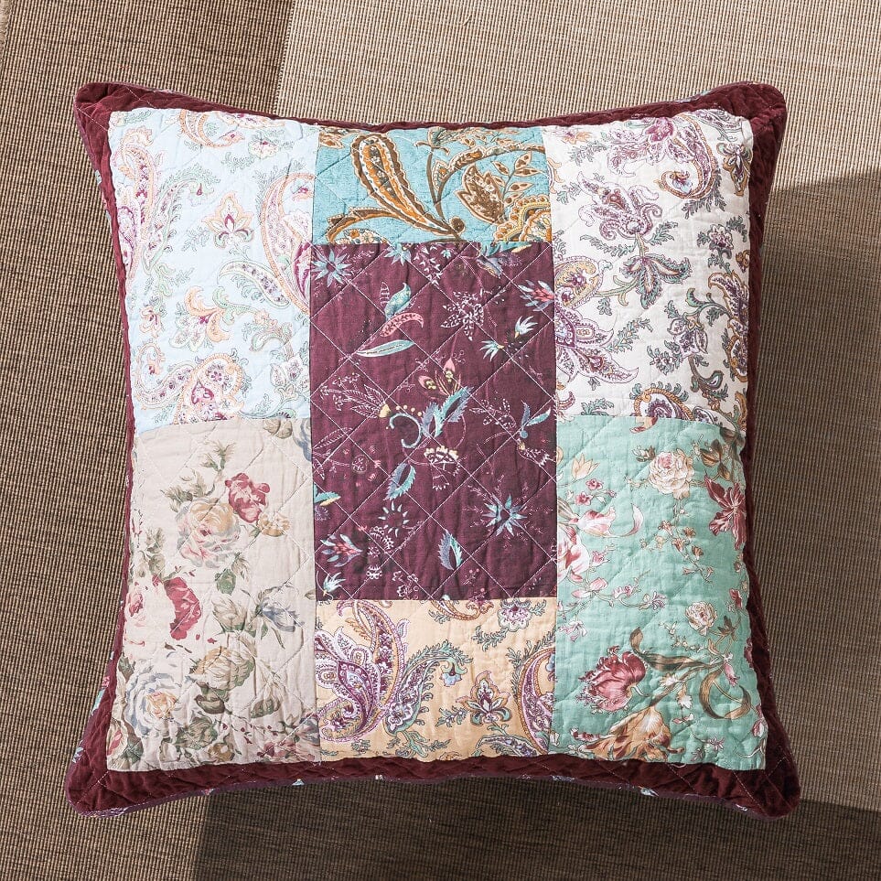 Burgundy Red Velvet Floral Patchwork Euro Pillow Cover