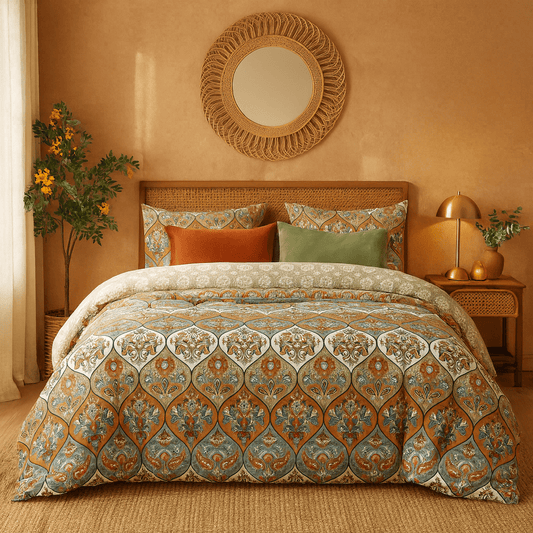 Bohemian Duvet Cover w/Pillow Cases - Reversible Coral Teal Floral Paisley Botanical Garden Party - Bright Vibrant Multi-Colorful Blue Salmon Pink