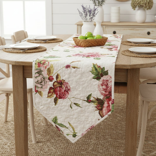 Romantic Roses Pink White Lovely Floral Quilted Dining Table Runner