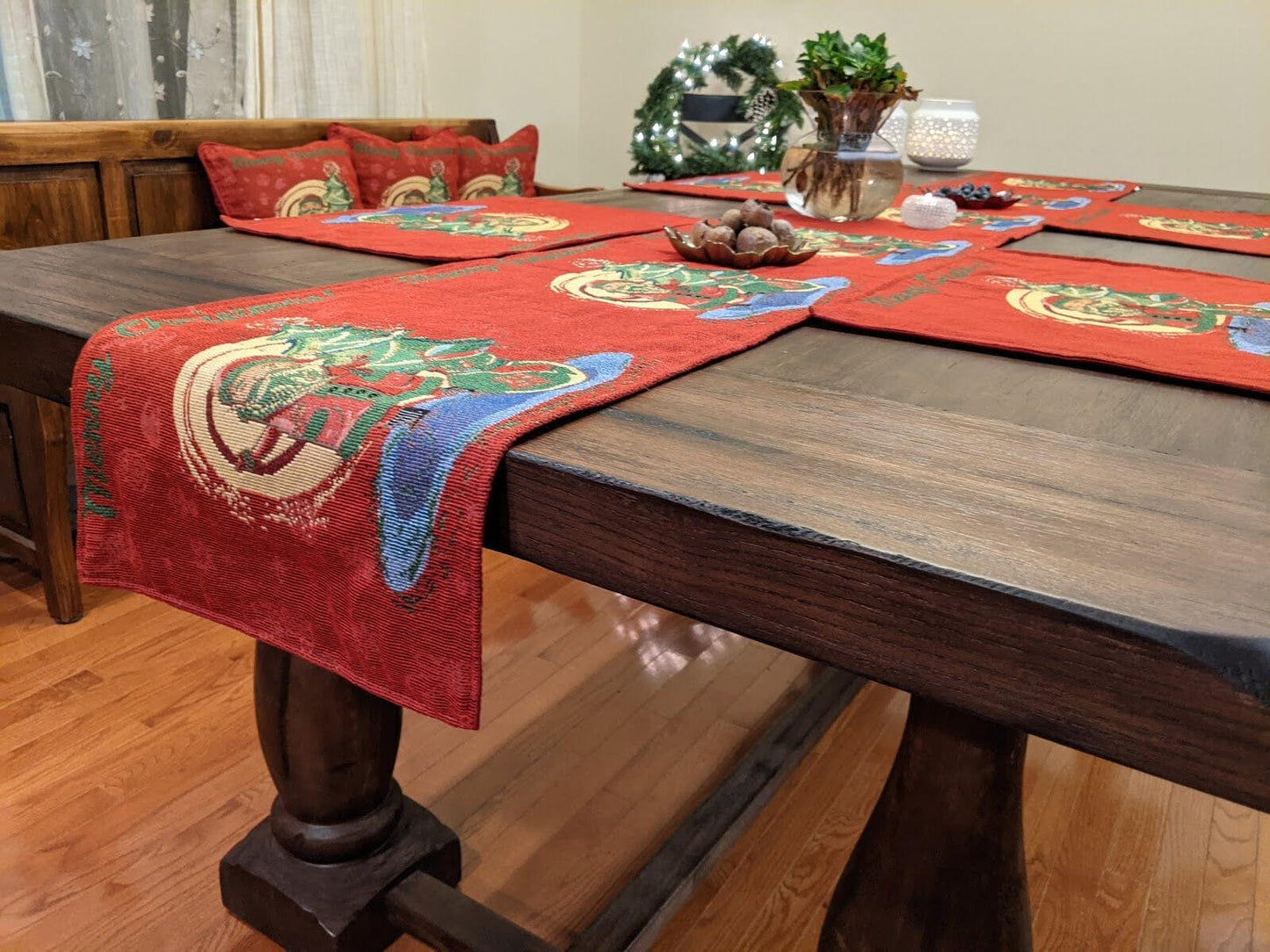 Red Santa Claus Holiday Table Tapestry Set of 8 Pieces - Placemats Runners Pillow Covers