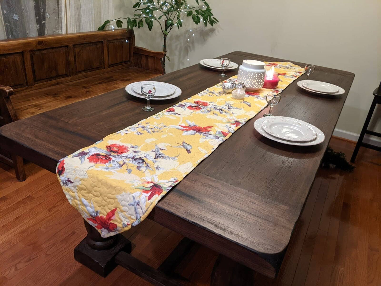 Sunshine Yellow Floral Vintage Hummingbirds Garden Table Runner