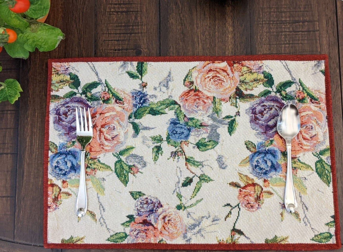 Set of 4-Pieces Vintage Romantic Roses Lovely Pink Floral Tapestry Placemats