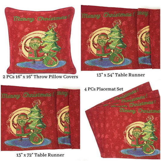 Red Santa Claus Holiday Table Tapestry Set of 8 Pieces - Placemats Runners Pillow Covers