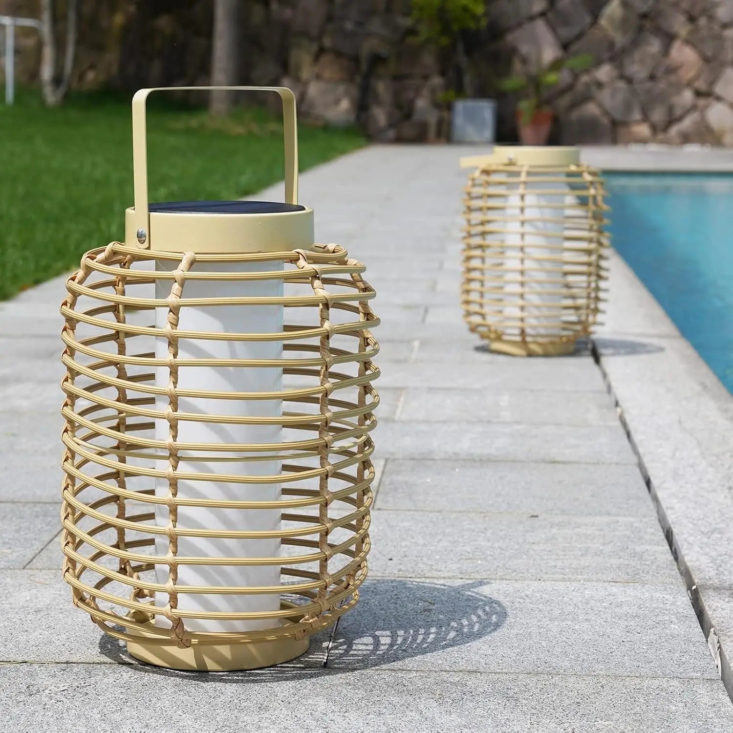 Boho Solar Wicker Floor Lamps, Set of 2, Outdoor LED