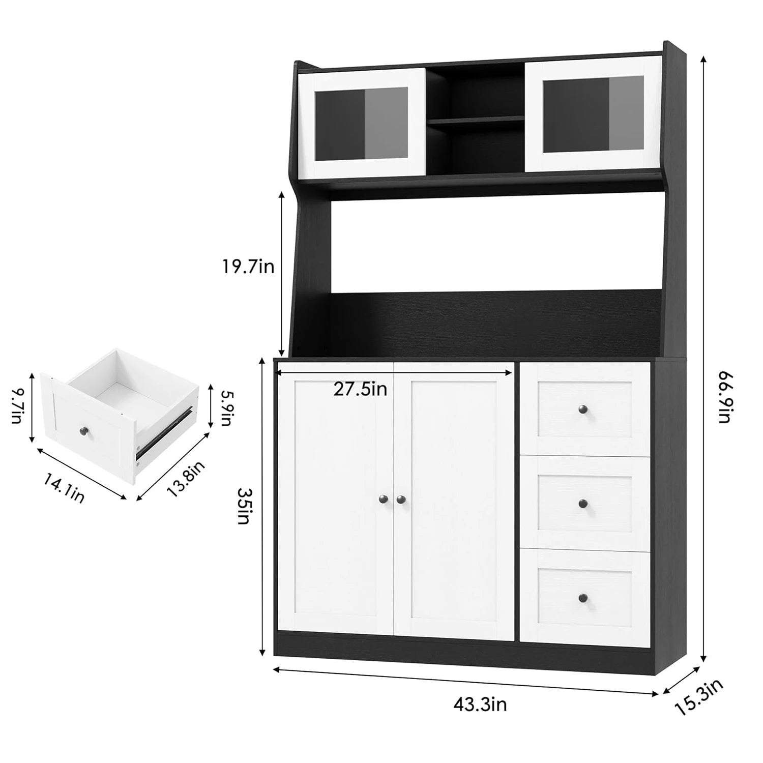 67"Tall Kitchen Pantry Cabinet Buffet Cabinet Sideboard Storage Hutch Cabinet with Drawers & Adjustable Shelves for Dining Room