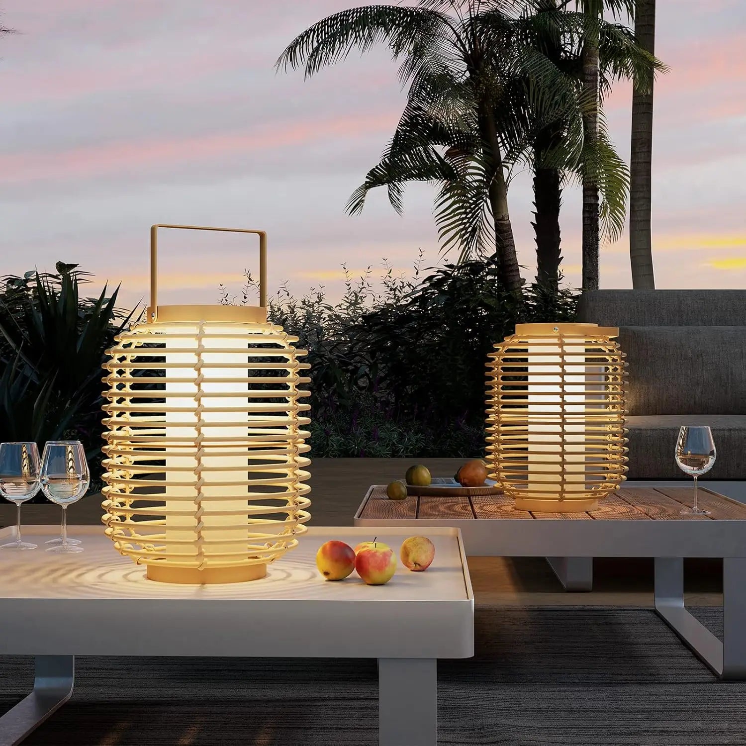 Boho Solar Wicker Floor Lamps, Set of 2, Outdoor LED