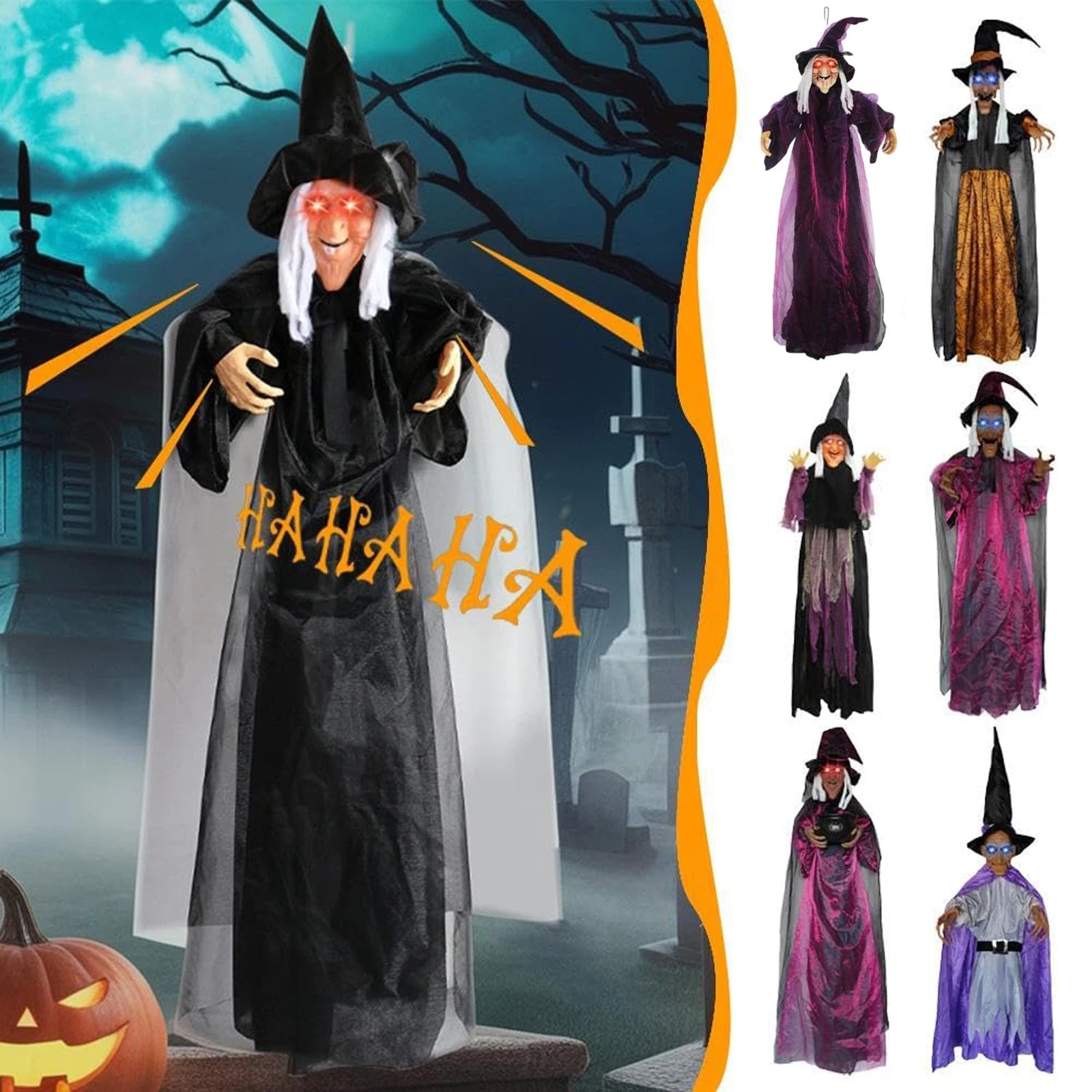 7 Styles Hot Halloween Electronic Witch Decor, Life-size Hanging Witch Halloween Decor, Scary Flying Electronic Witch For Decor