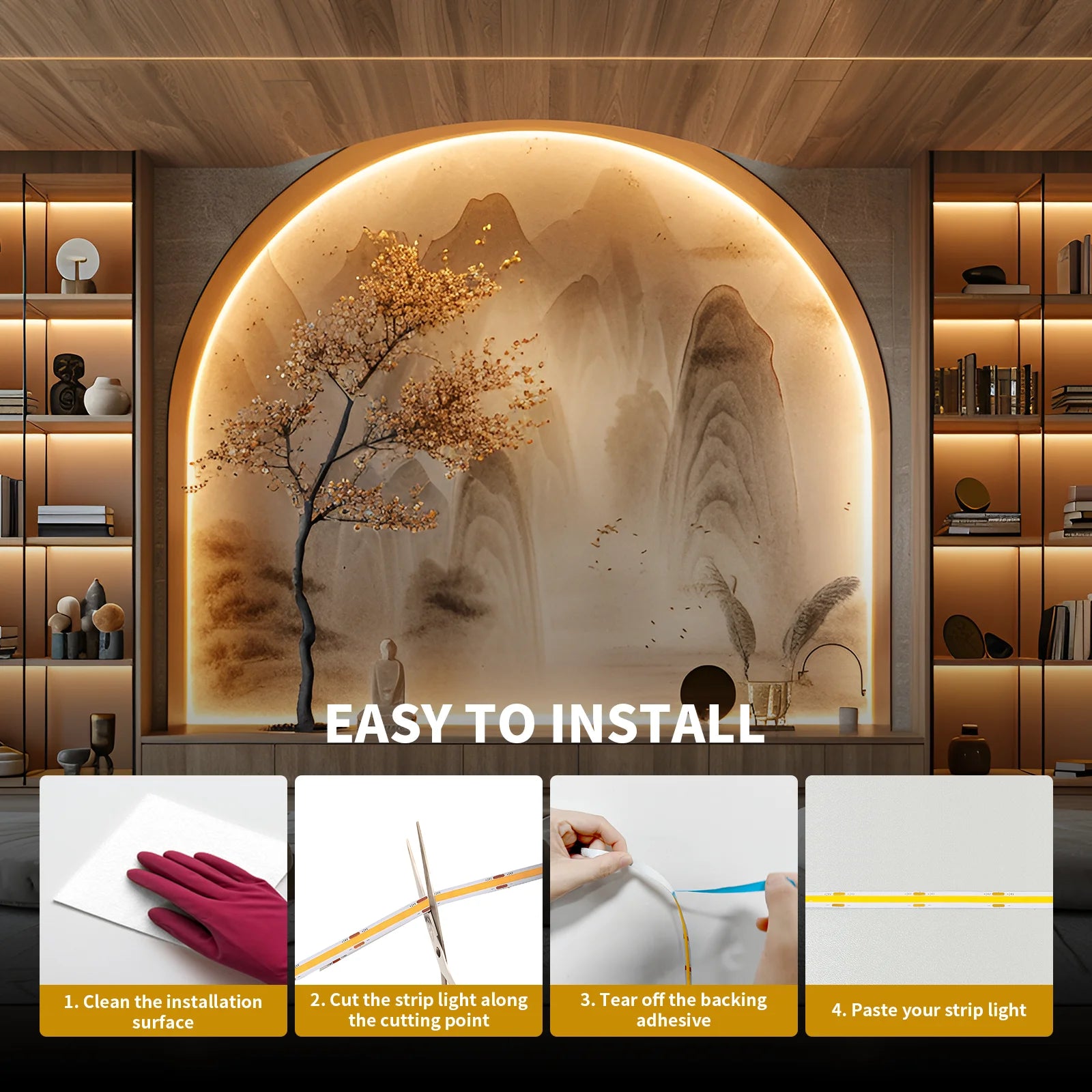 COB LED Strip Light 12m/roll Warm White 3000K 65000K High Lumen CRI 90+ with RF Remote for Bedroom Counter Under Cabinet Kitchen