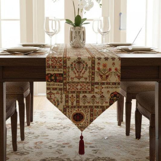 Cottage Mughal Floral Woven Tapestry Table Runner, Light Fleur White Botanical Vintage (18196)