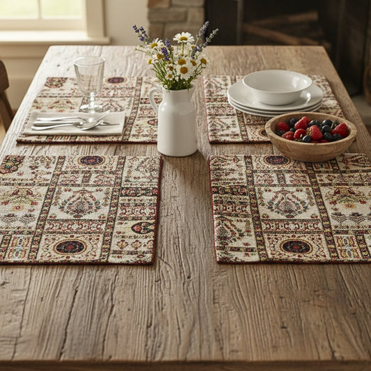 Set of 4-Pieces Light White Mughal Floral Botanical Cottage Fleur Tapestry Placemats 13" x 19" (18196)
