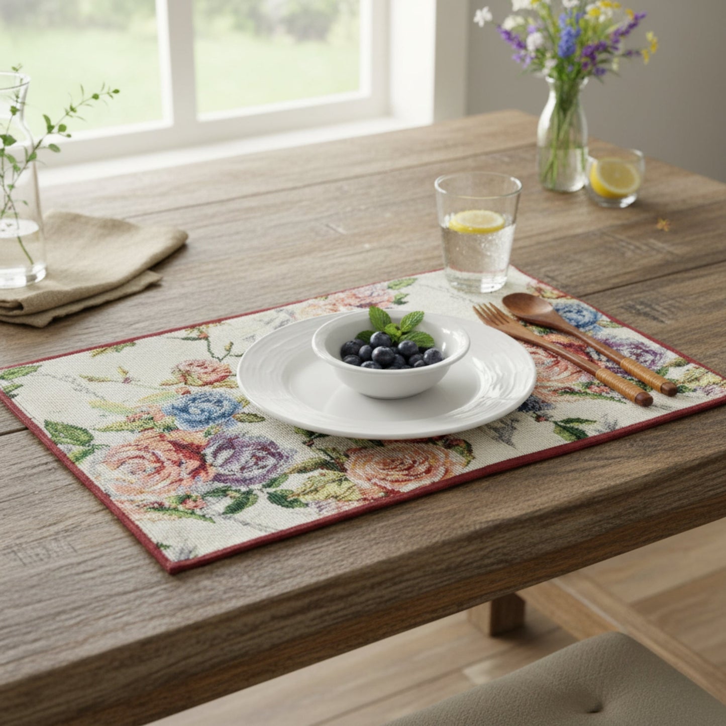 Set of 4-Pieces Vintage Romantic Roses Lovely Pink Floral Tapestry Placemats