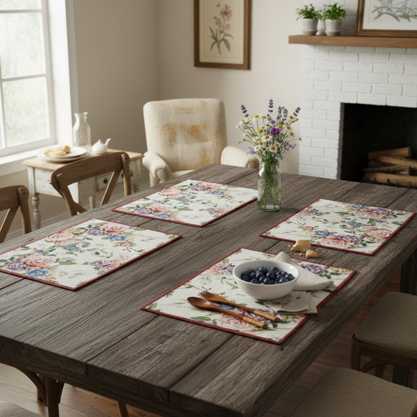 Set of 4-Pieces Vintage Romantic Roses Lovely Pink Floral Tapestry Placemats
