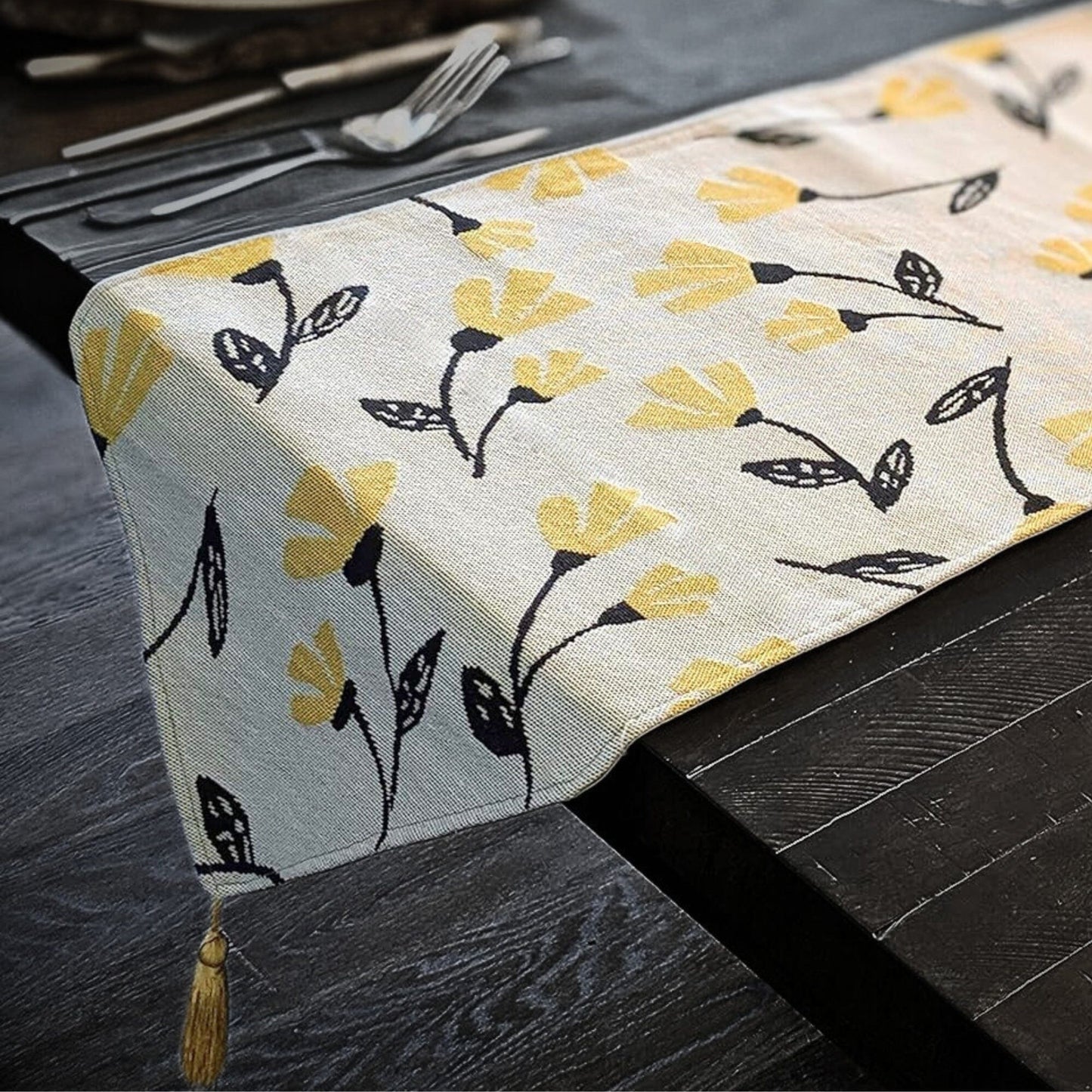 Yellow Fleur Floral Garden Woven Tapestry Dining Table Runner