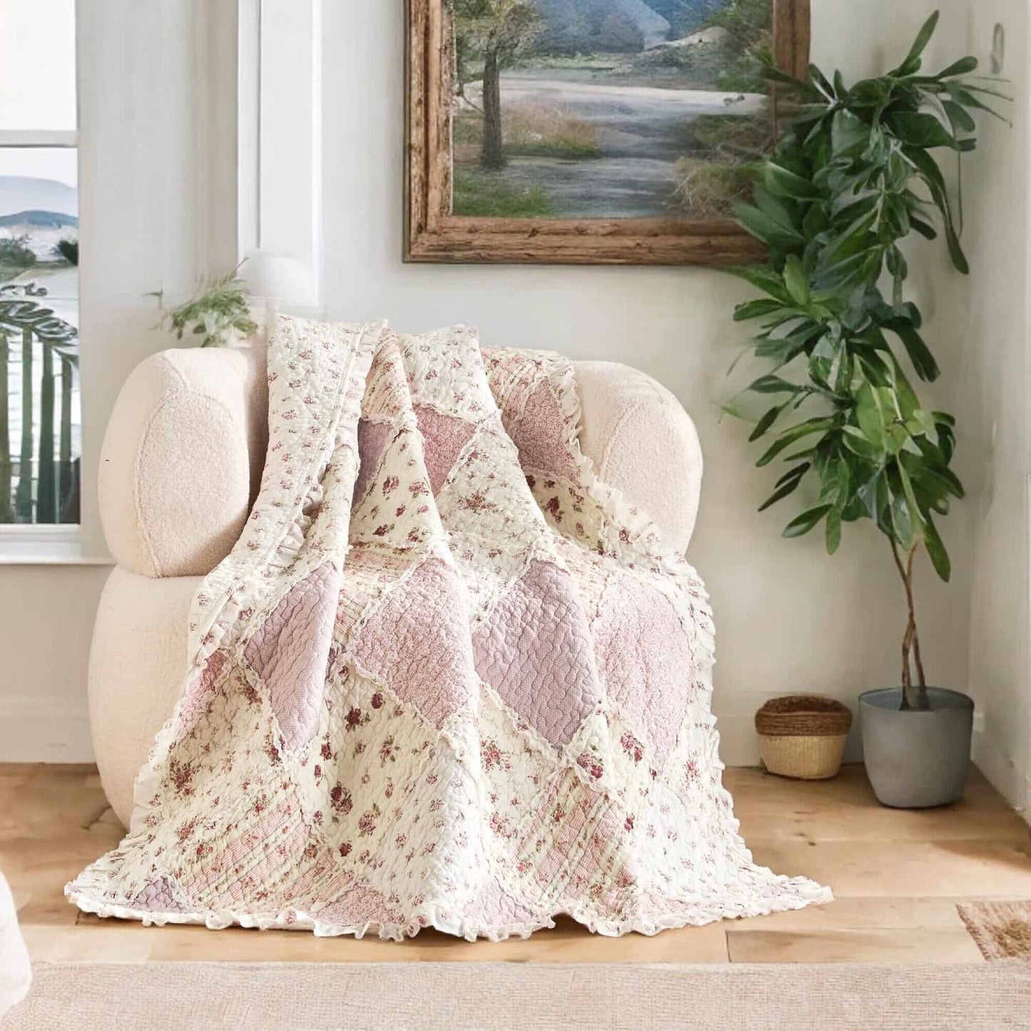 Cotton Patchwork Throw Blanket - Floral Cottage Quilted Reversible Blush Pink & Cream