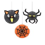 Set of 3, Cat, Spider and Cobweb Hanging Honeycomb Paper Halloween Decorations