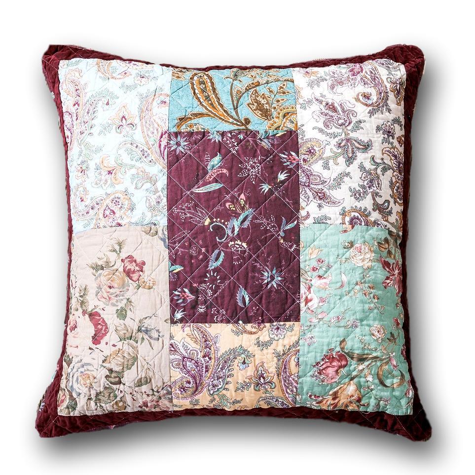 Burgundy Red Velvet Floral Patchwork Euro Pillow Cover