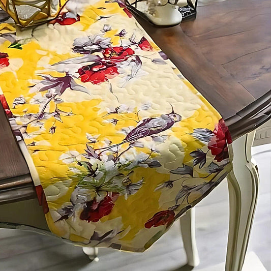 Sunshine Yellow Floral Vintage Hummingbirds Garden Table Runner