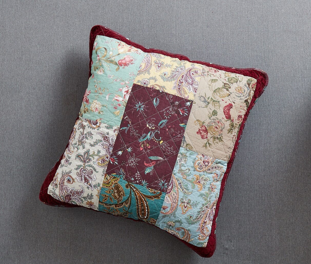 Burgundy Red Velvet Floral Patchwork Euro Pillow Cover