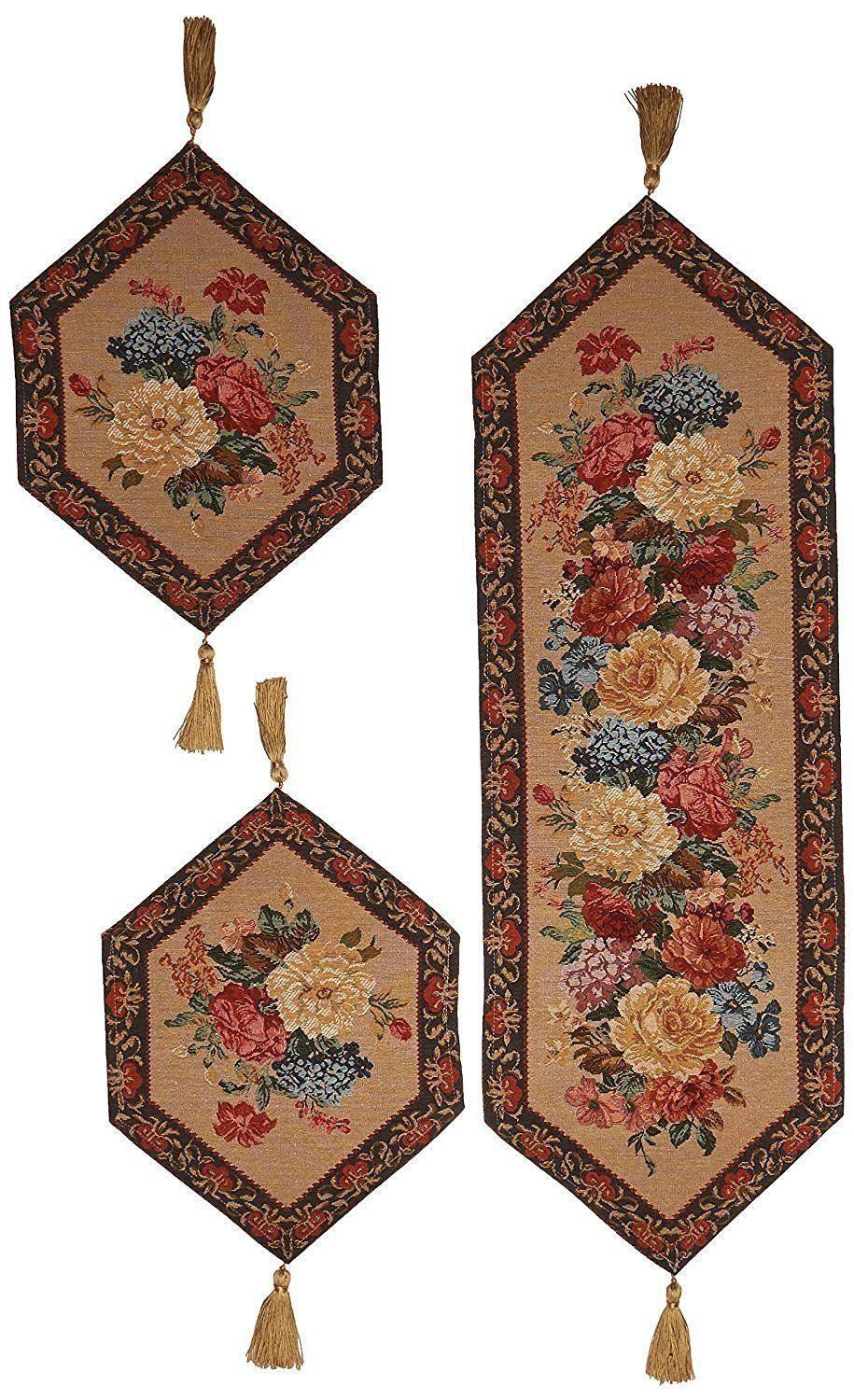 Breath of Spring Floral Beige Woven Dining Tapestry Table Runners Set of 3
